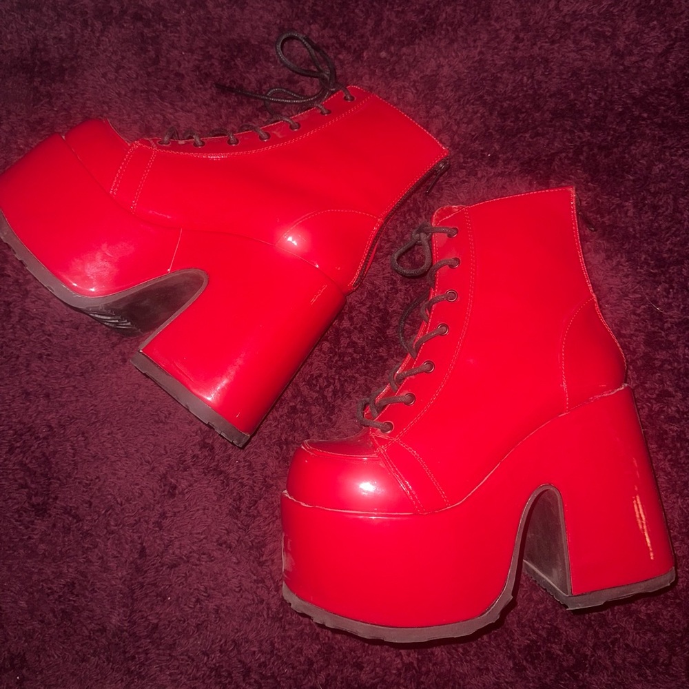 Demonia Goth Vibrant Cherry Red Lace Up Platform Shiny Boots